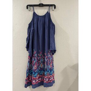 Water Lily Blue Embroidered Rayon 3/4 Sleeve Knee Length Empire Sun Dress Size S